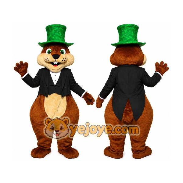 Brown Beaver Mascot Costume with Green Top Hat