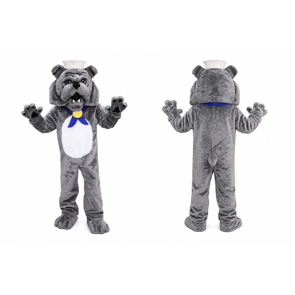 Gray Bulldog Mascot Costume with Hat and Bow Tie