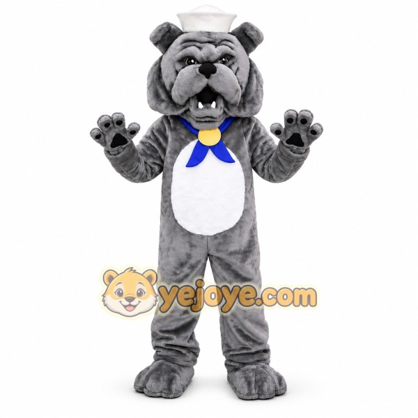 Gray Bulldog Mascot Costume with Hat and Bow Tie