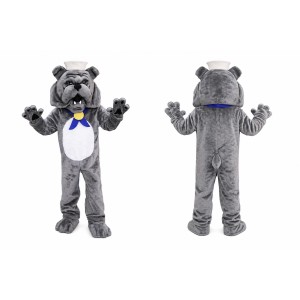 Gray Bulldog Mascot Costume with Hat and Bow Tie