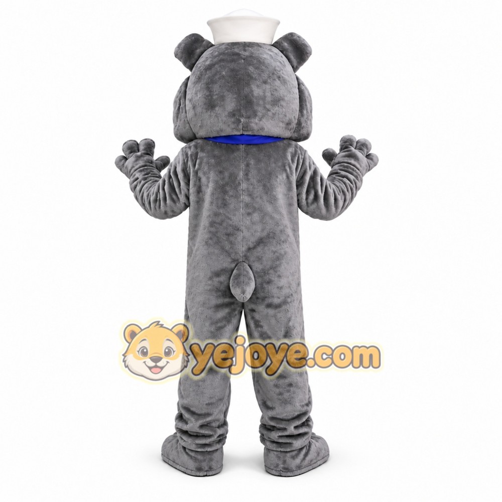 Gray Bulldog Mascot Costume with Hat and Bow Tie