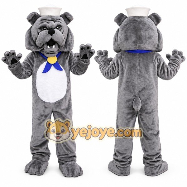 Gray Bulldog Mascot Costume with Hat and Bow Tie