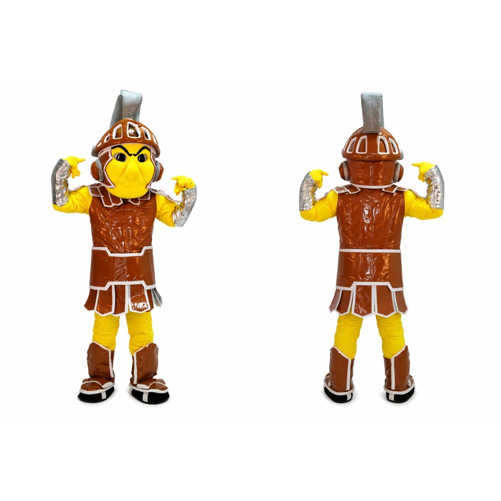 Yellow Warrior Mascot Costume with Brown Armor