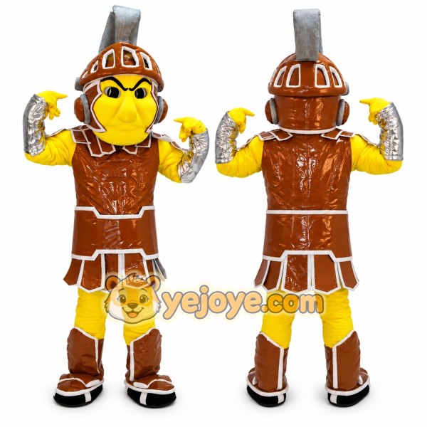 Yellow Warrior Mascot Costume with Brown Armor