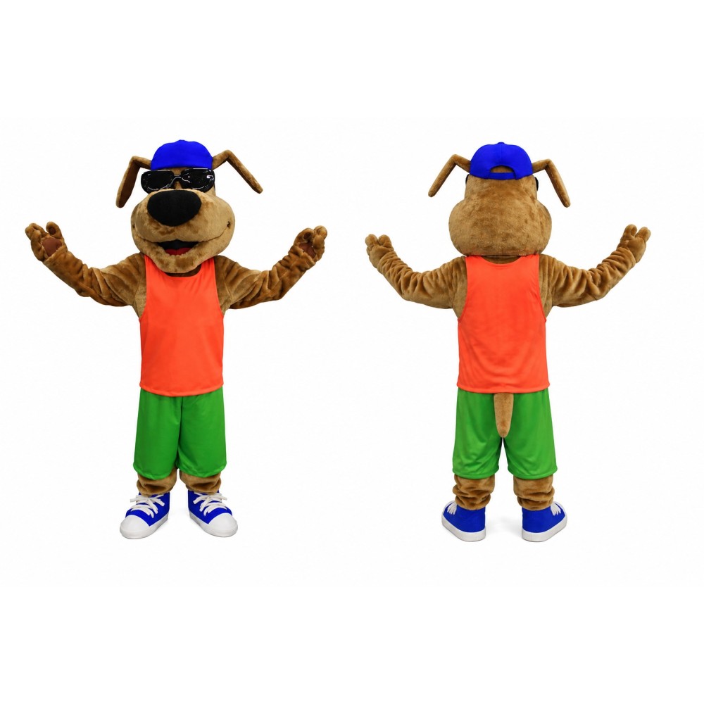 Dog Mascot Costume with Orange Shirt and Green Shorts