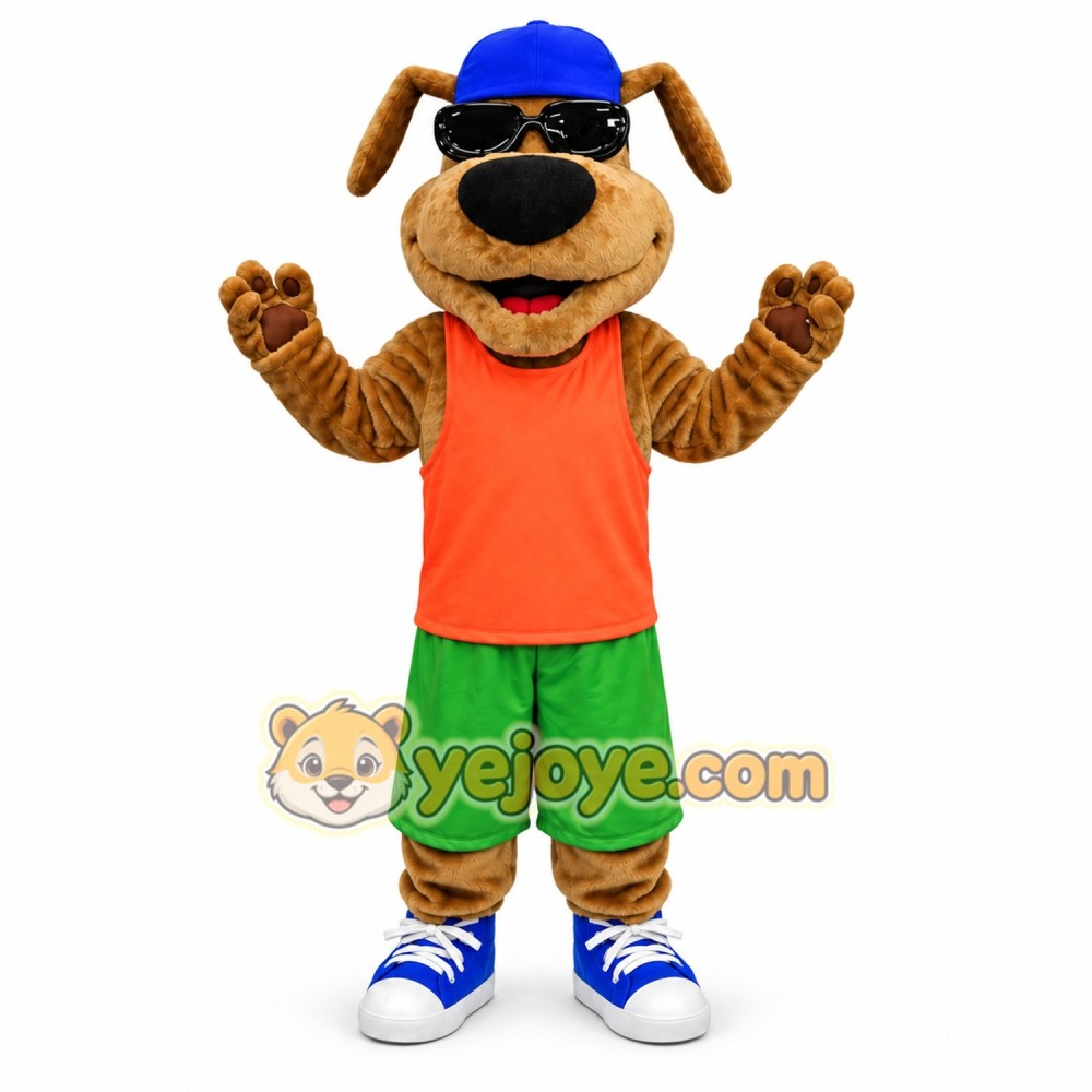 Dog Mascot Costume with Orange Shirt and Green Shorts