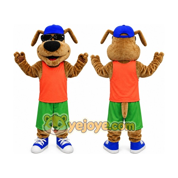 Dog Mascot Costume with Orange Shirt and Green Shorts
