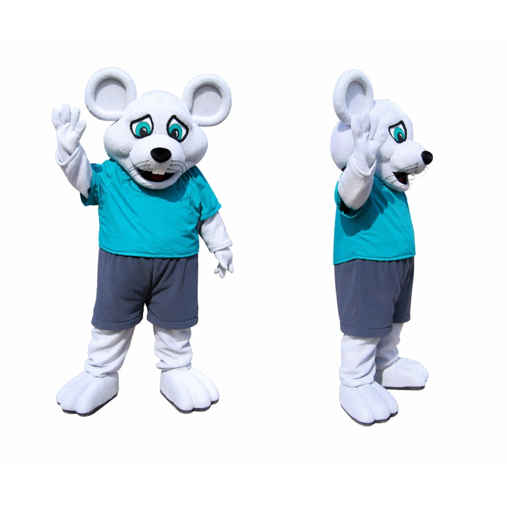 White Mouse Mascot Costume with Blue Shirt