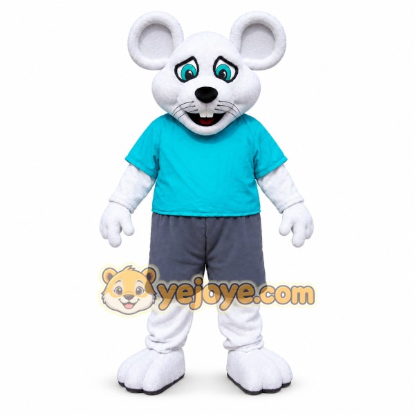 White Mouse Mascot Costume with Blue Shirt