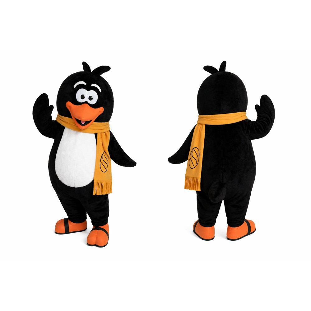 Black Penguin Mascot Costume with Yellow Scarf