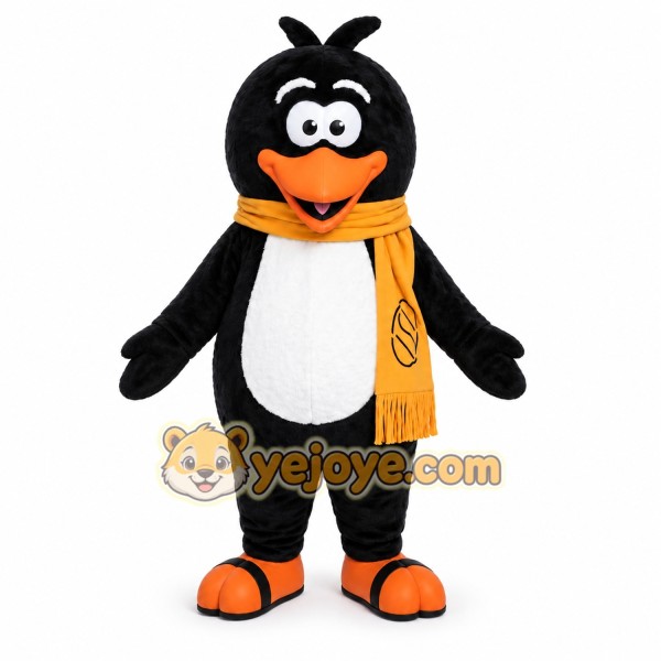 Black Penguin Mascot Costume with Yellow Scarf
