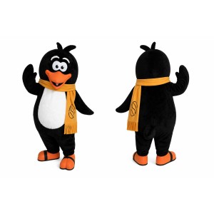 Black Penguin Mascot Costume with Yellow Scarf