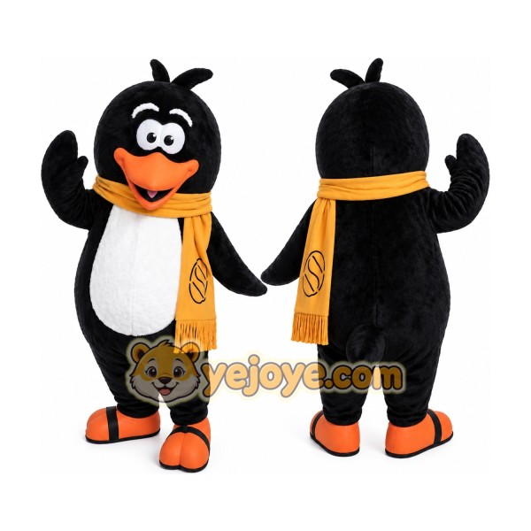 Black Penguin Mascot Costume with Yellow Scarf