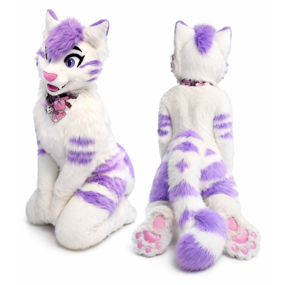White and Purple Furry Cat Mascot Costume