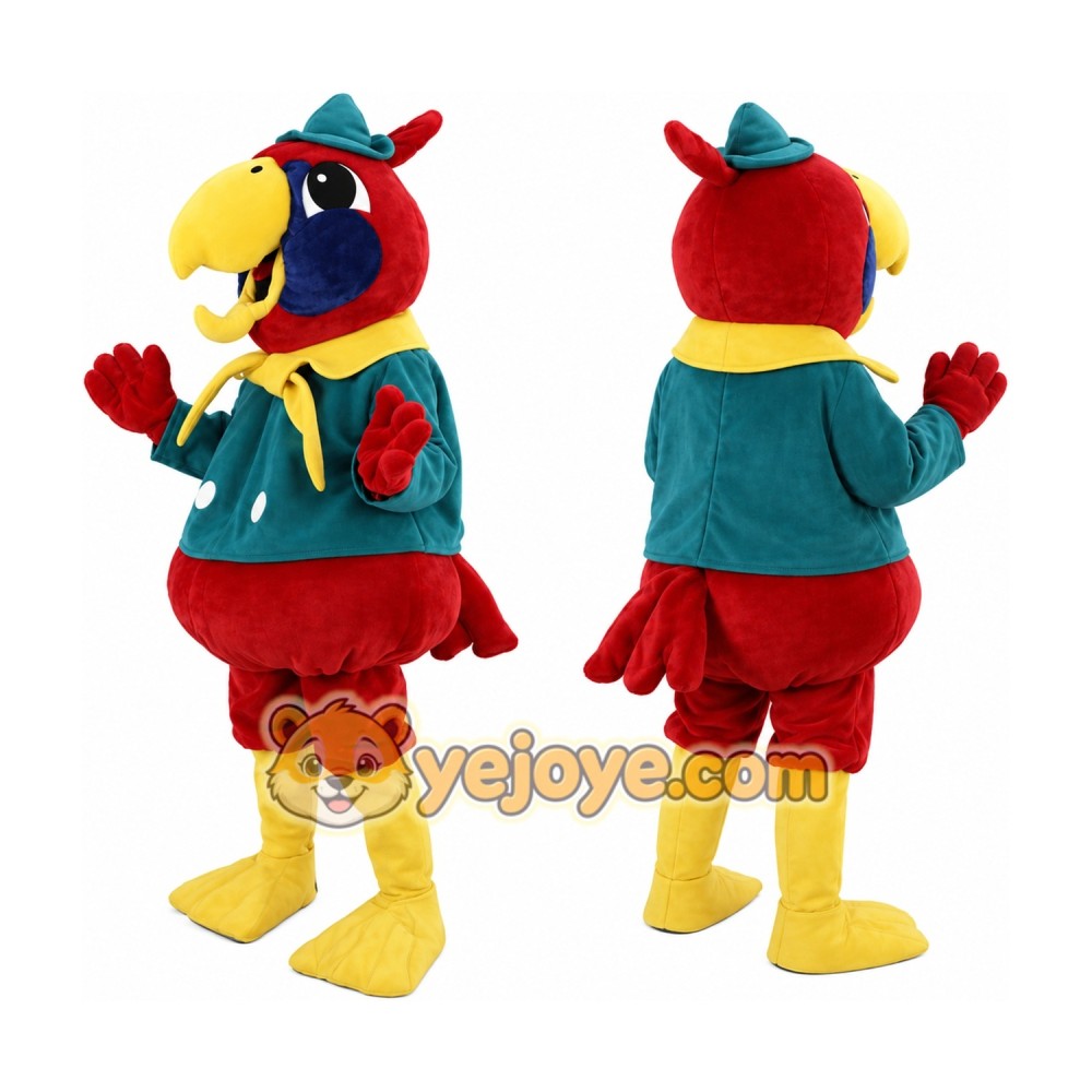 Red Parrot Mascot Costume with Yellow Accents Red Parrot Mascot Costume with Yellow Accents