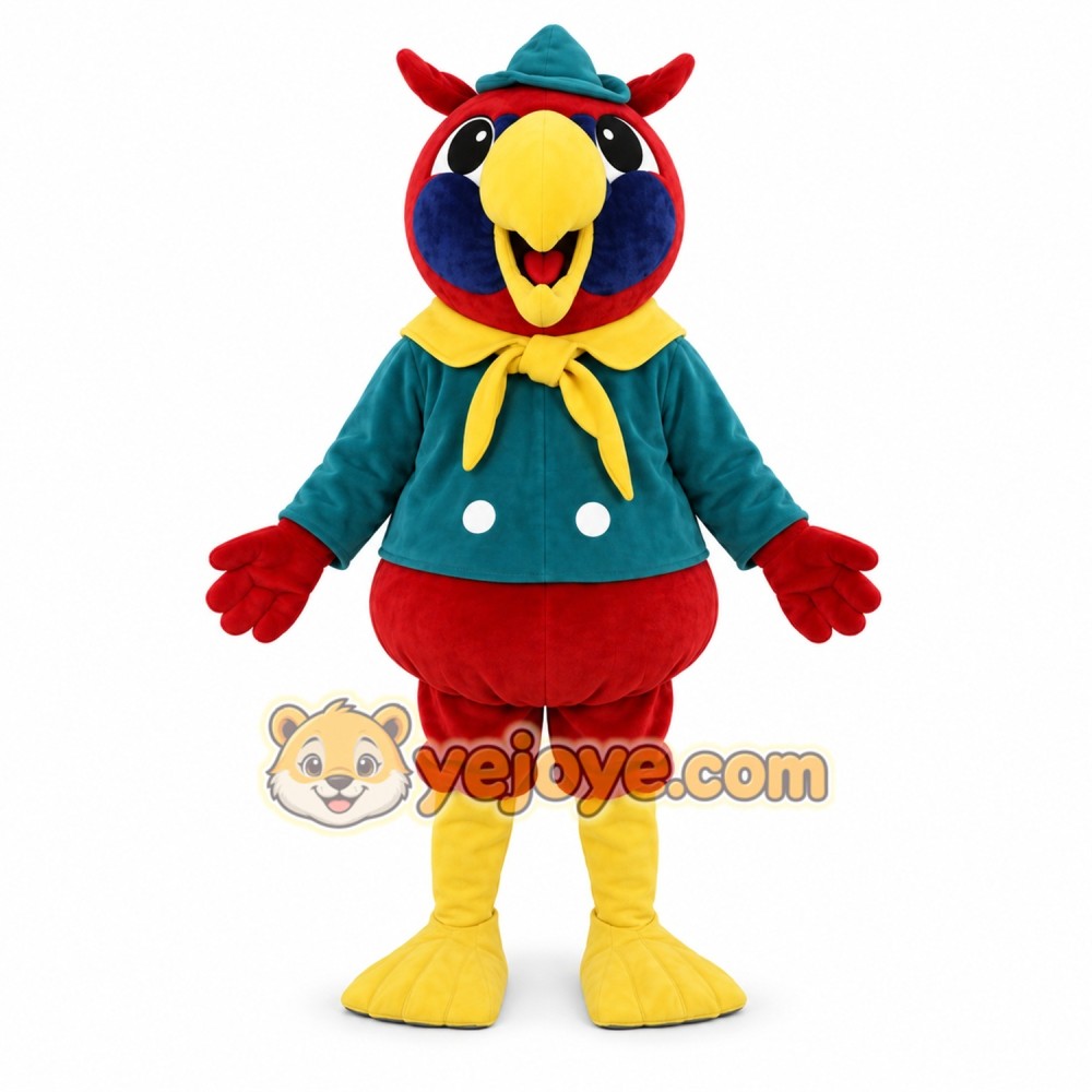Red Parrot Mascot Costume with Yellow Accents Red Parrot Mascot Costume with Yellow Accents