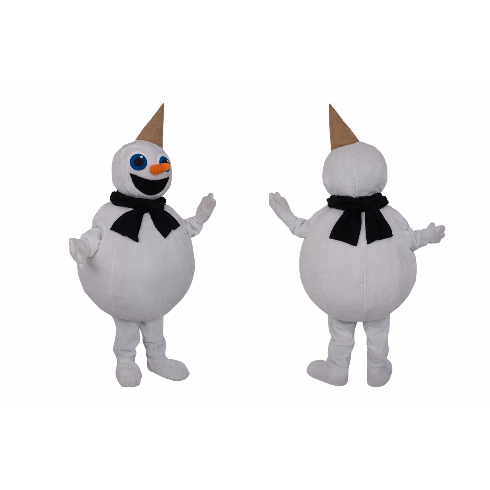 White Snowman Mascot Costume with Black Scarf