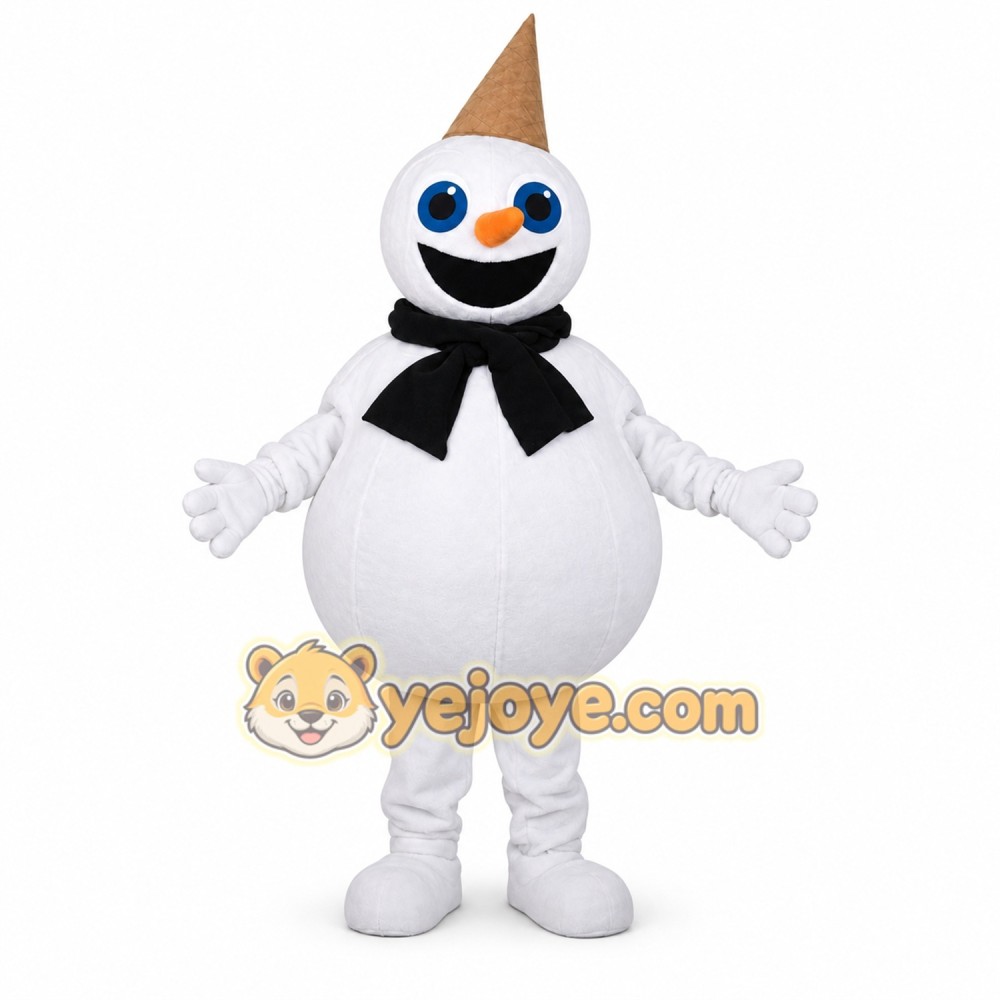 White Snowman Mascot Costume with Black Scarf White Snowman Mascot Costume with Black Scarf