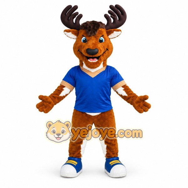 Brown Deer Mascot Costume with Blue Shirt