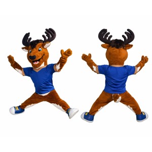 Brown Deer Mascot Costume with Blue Shirt