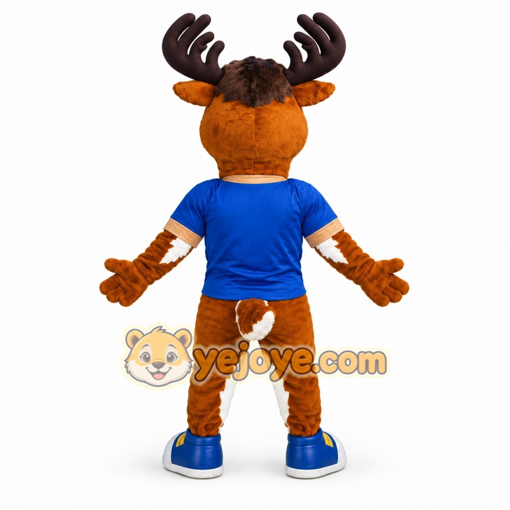 Brown Deer Mascot Costume with Blue Shirt Brown Deer Mascot Costume with Blue Shirt