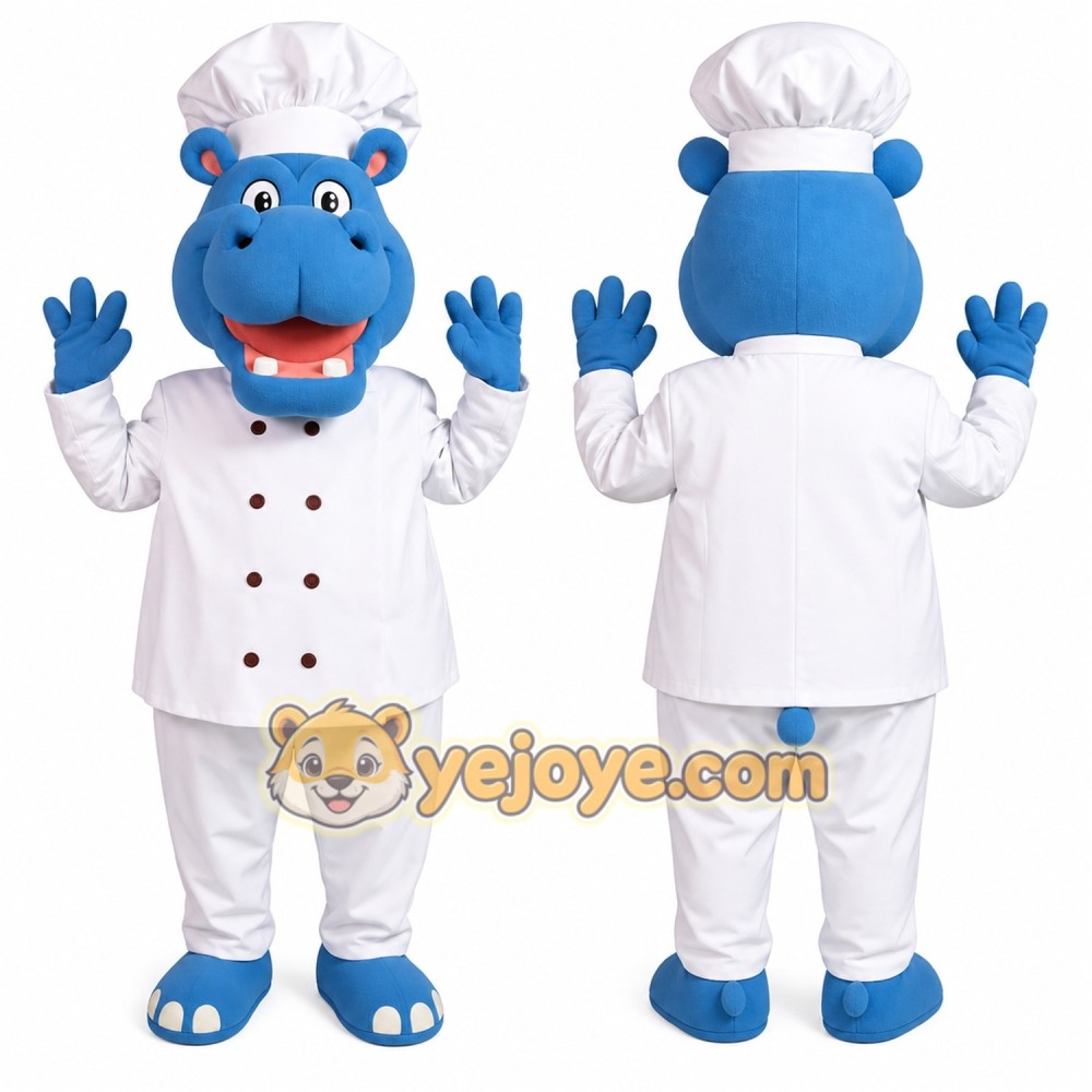 Blue Chef Hippo Mascot Costume Blue Chef Hippo Mascot Costume
