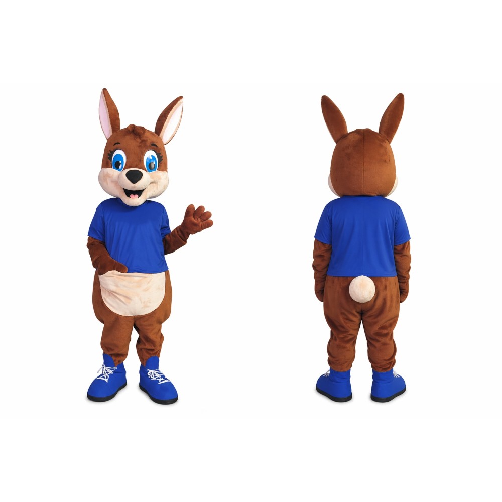 Brown Rabbit Mascot Costume with Blue Shirt