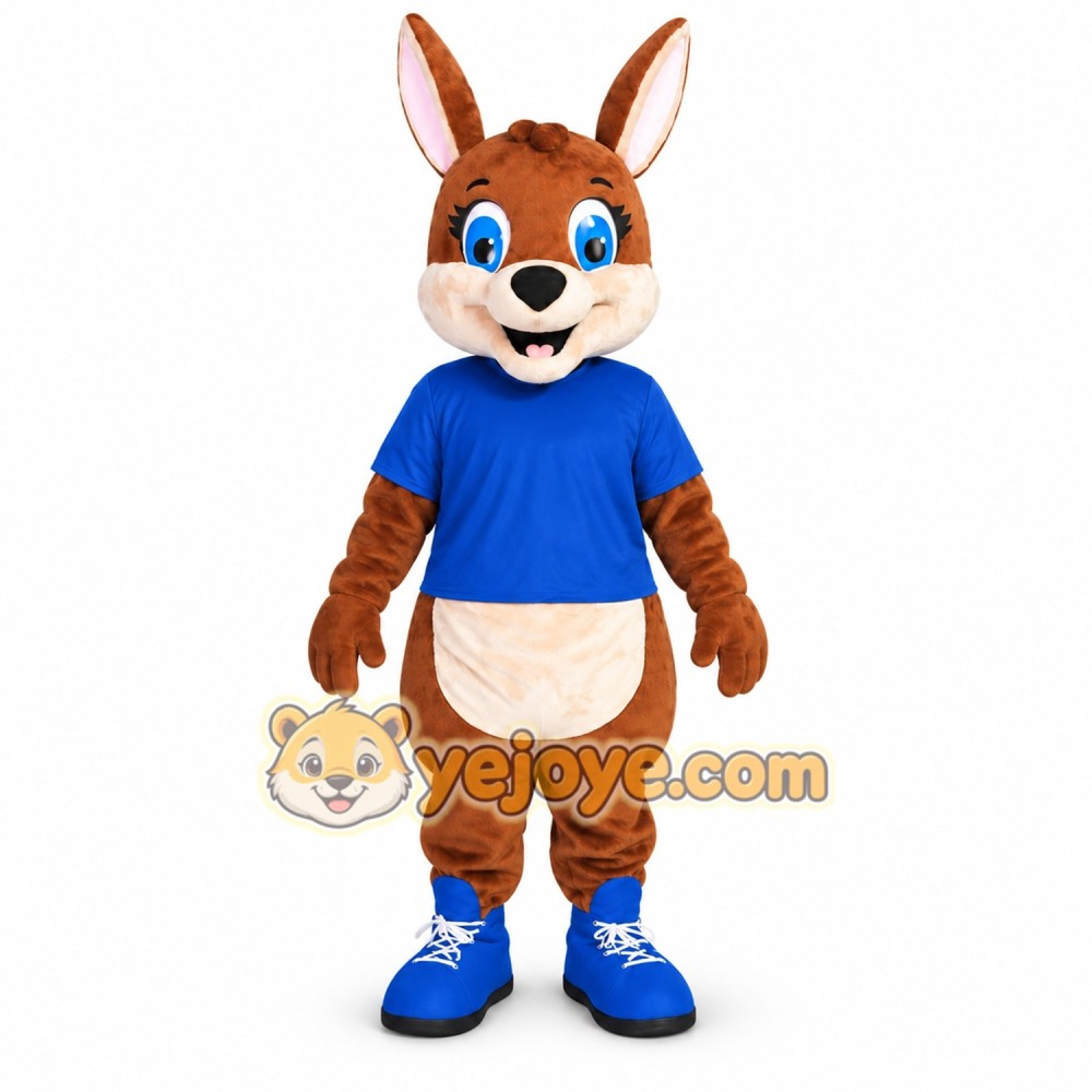 Brown Rabbit Mascot Costume with Blue Shirt