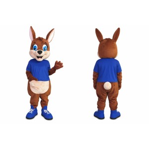 Brown Rabbit Mascot Costume with Blue Shirt