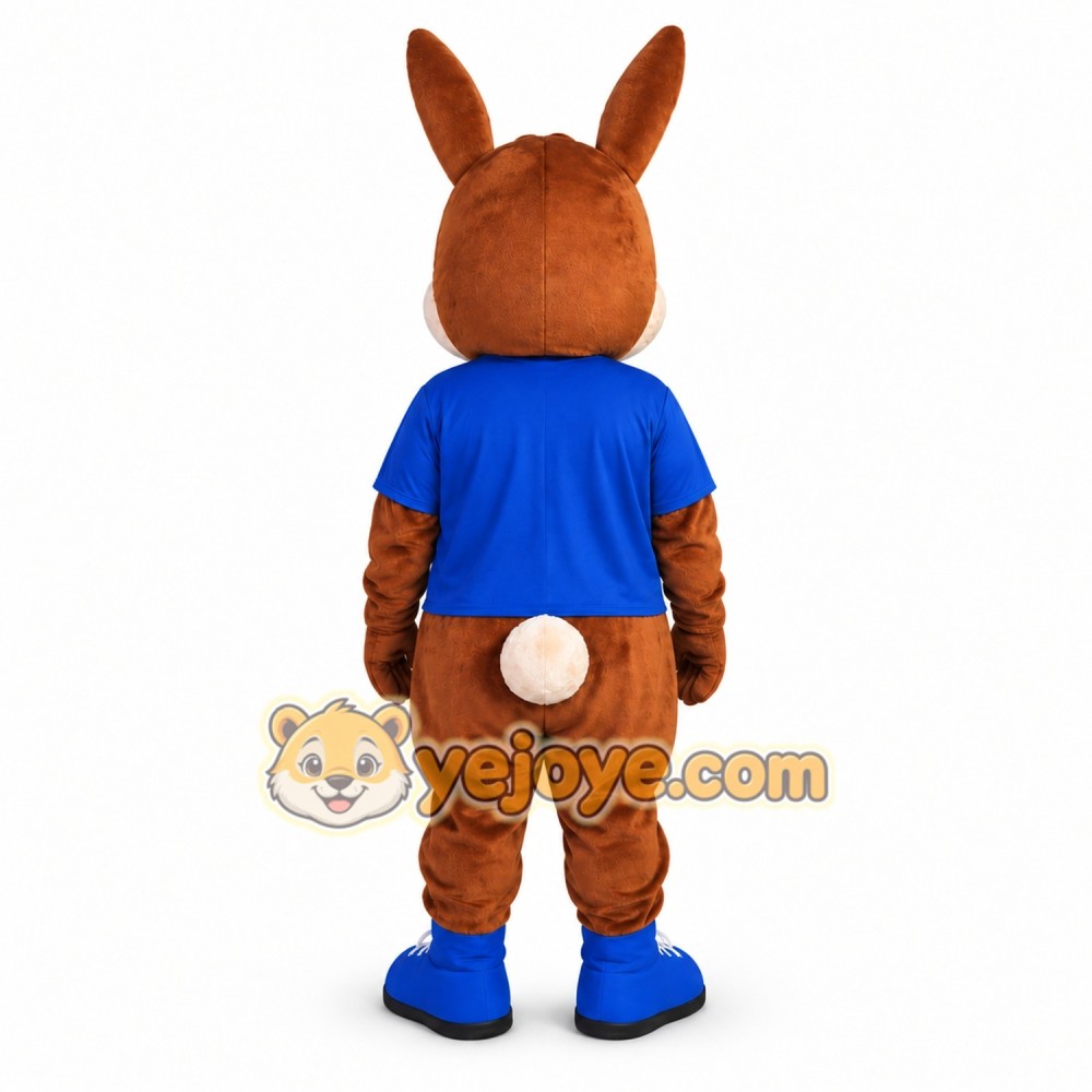 Brown Rabbit Mascot Costume with Blue Shirt