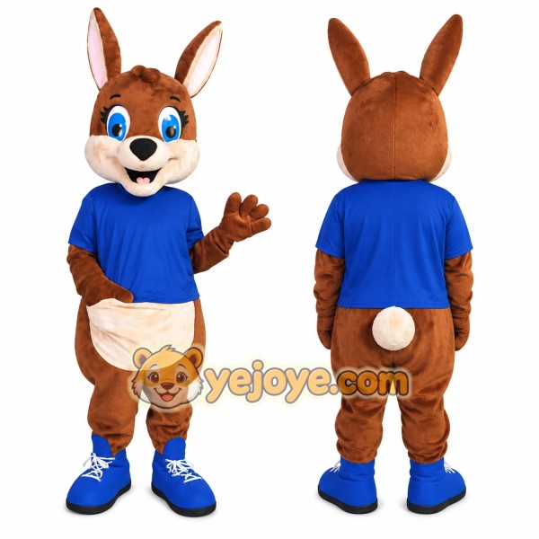 Brown Rabbit Mascot Costume with Blue Shirt