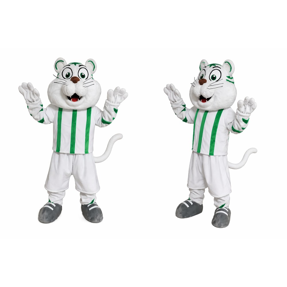 White Tiger Mascot Costume with Green Stripes