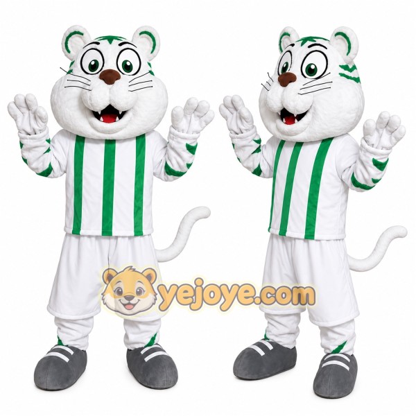 White Tiger Mascot Costume with Green Stripes
