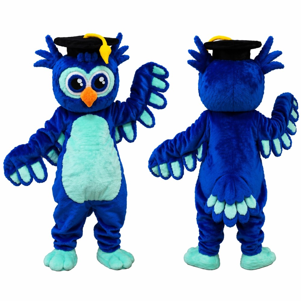 Blue Owl Mascot Costume with Graduation Cap