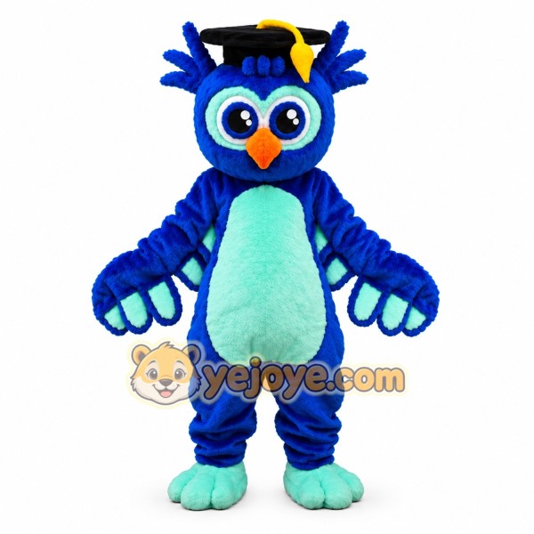 Blue Owl Mascot Costume with Graduation Cap Blue Owl Mascot Costume with Graduation Cap