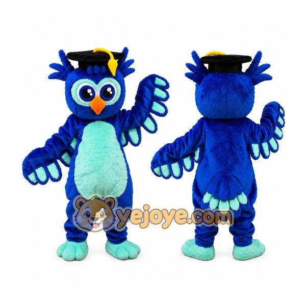 Blue Owl Mascot Costume with Graduation Cap