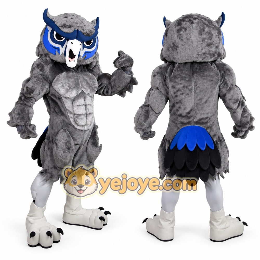 Gray Owl Mascot Costume with Blue Accents Gray Owl Mascot Costume with Blue Accents