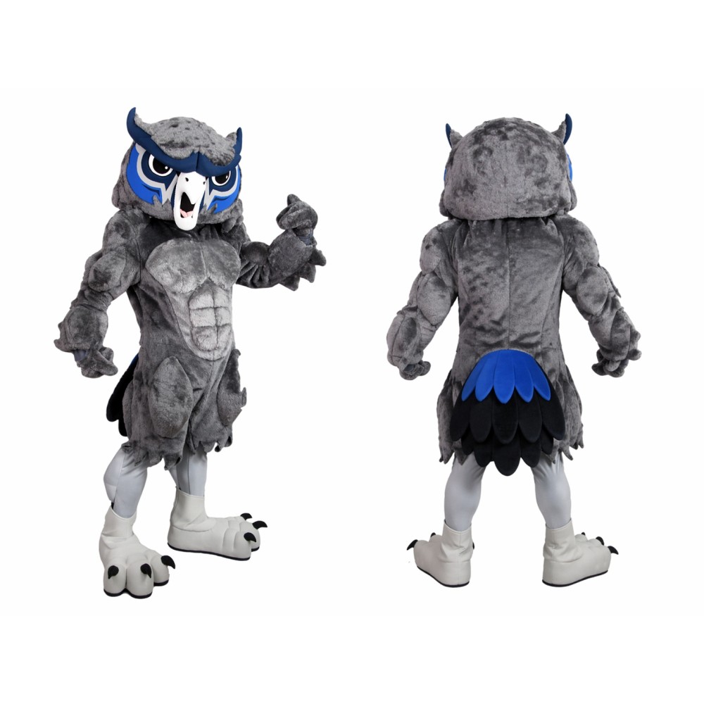 Gray Owl Mascot Costume with Blue Accents
