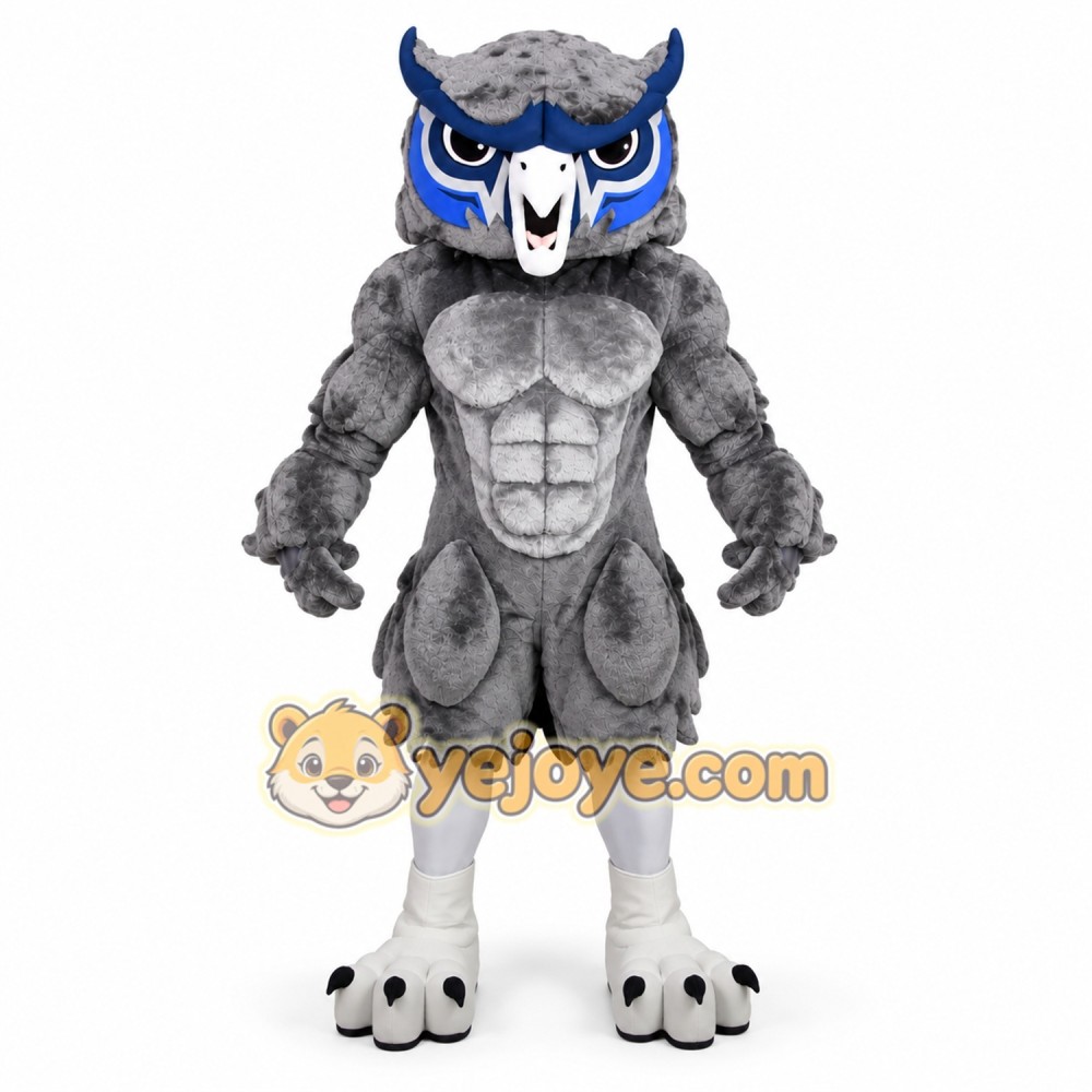 Gray Owl Mascot Costume with Blue Accents Gray Owl Mascot Costume with Blue Accents