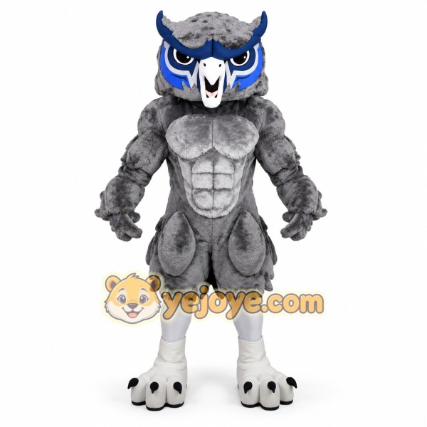 Gray Owl Mascot Costume with Blue Accents