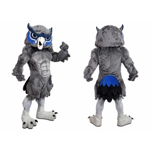 Gray Owl Mascot Costume with Blue Accents