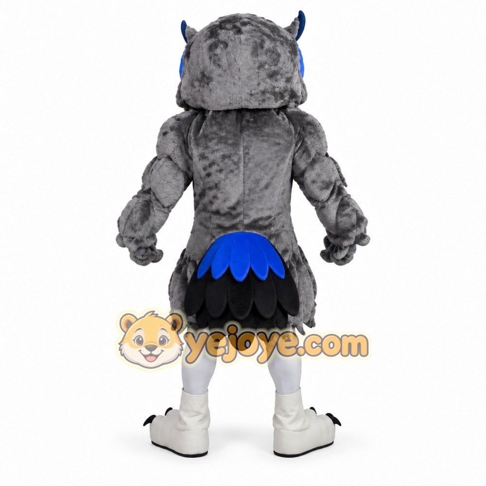 Gray Owl Mascot Costume with Blue Accents Gray Owl Mascot Costume with Blue Accents