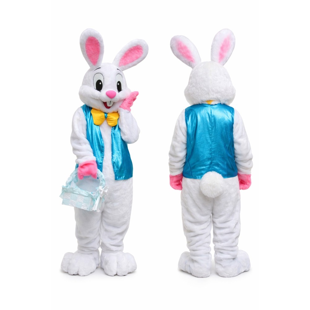 White Bunny Mascot Costume with Blue Vest