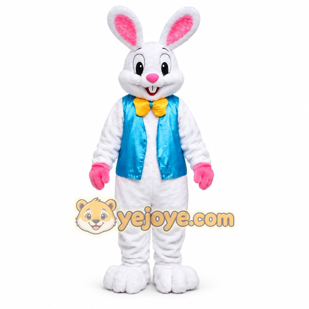 White Bunny Mascot Costume with Blue Vest