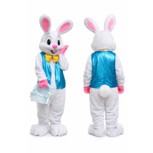 White Bunny Mascot Costume with Blue Vest