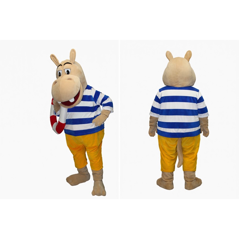 Blue Hippopotamus Mascot Costume with Striped Shirt