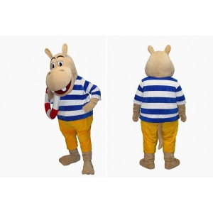 Blue Hippopotamus Mascot Costume with Striped Shirt