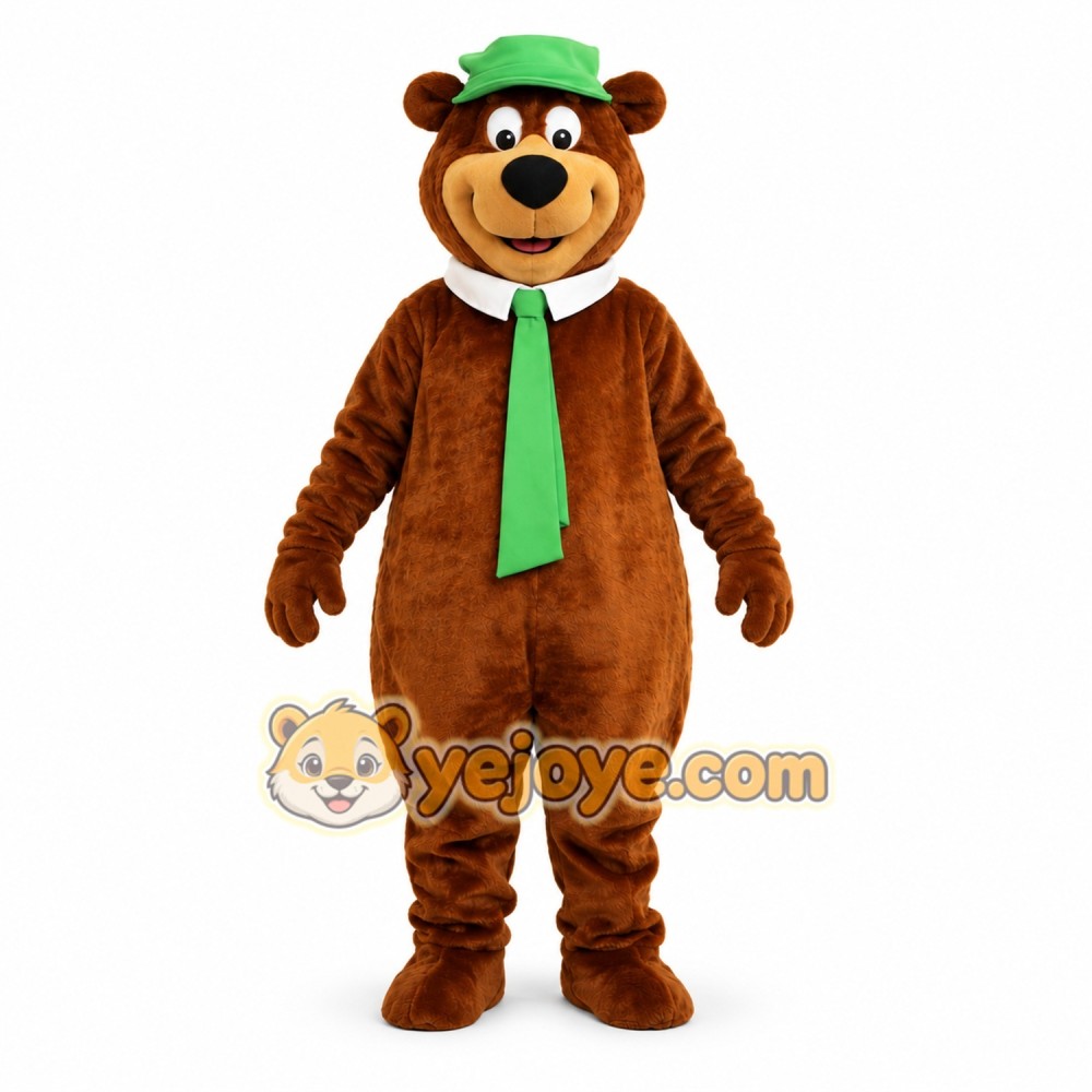 Brown Bear Mascot Costume with Green Hat and Tie Brown Bear Mascot Costume with Green Hat and Tie