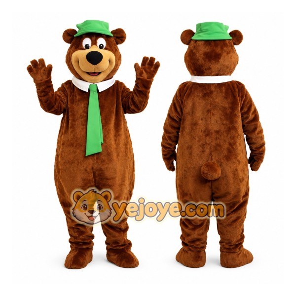 Brown Bear Mascot Costume with Green Hat and Tie