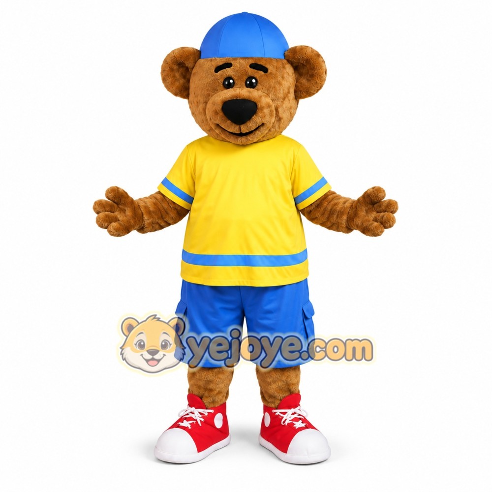 Yellow Bear Mascot Costume with Blue Shorts and Cap Yellow Bear Mascot Costume with Blue Shorts and Cap
